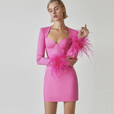 Tropical Long Sleeve Feather Bandage Dress In Pink